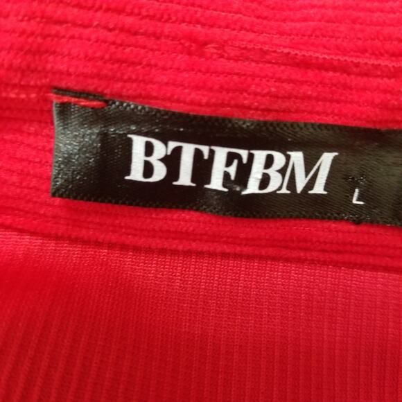 BTFBM Women's Red Corduroy Button Up Shirt Dress Pockets Tie Waist Long Slv Sz L - Picture 6 of 8